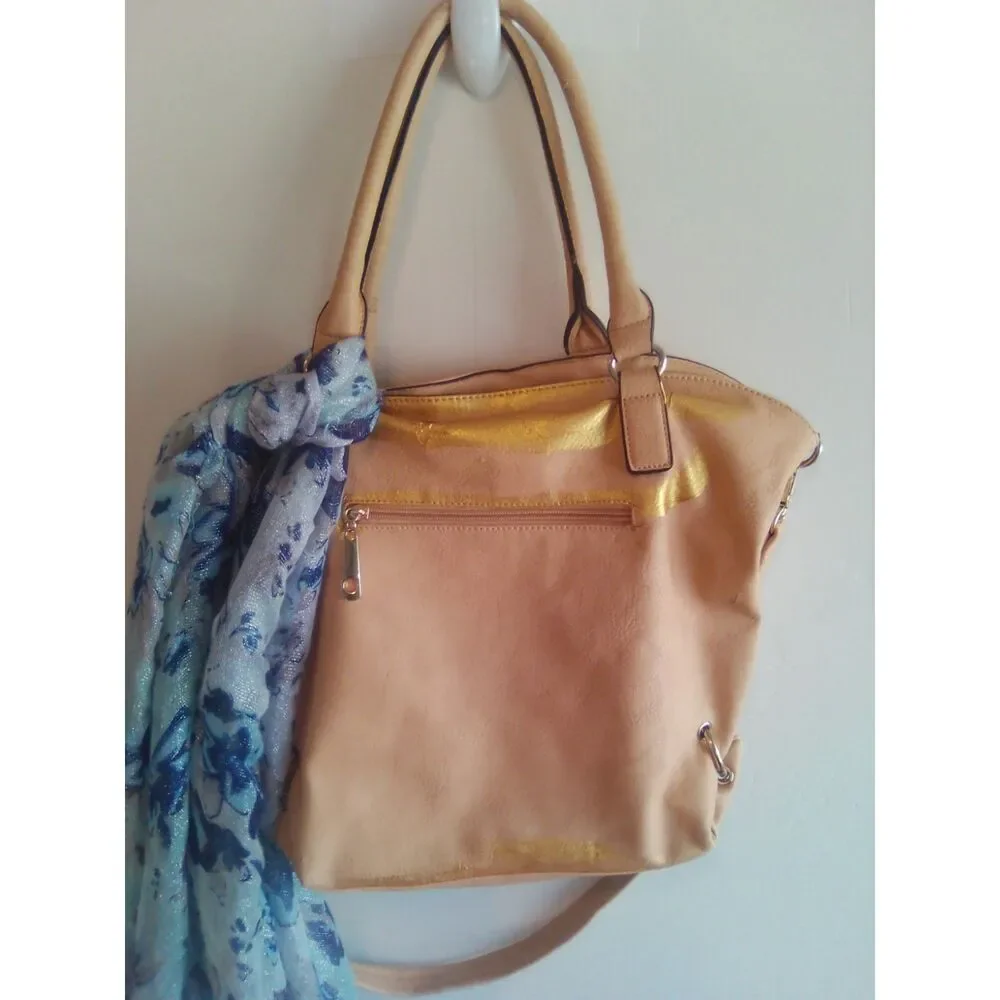 Quirky 3-Bag Bundle! Vegan Tote w/scarf & gold paint, Woven Purse, & Lancôme Bag